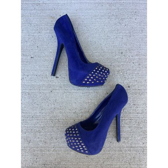 Blue suede heels with studs platform size 7 - Picture 3 of 5